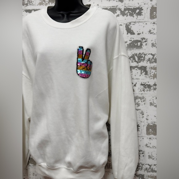 Sequin Peace Sweatshirt – White Sweatshirt with Sparkle Peace Sign - Picture 4 of 5